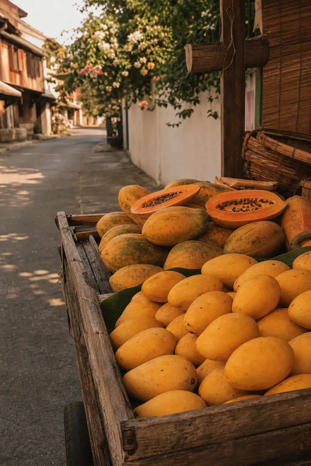 Ripe mango and papaya at a wooden soi cart