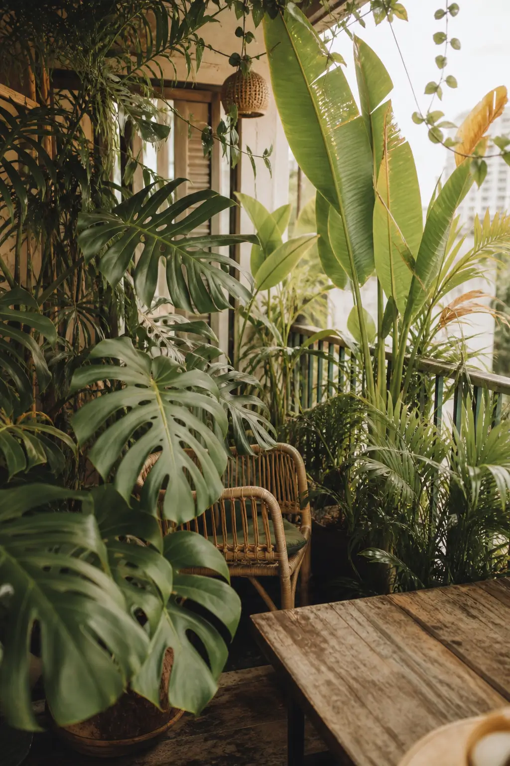 Monstera and banana leaves in the shade of a balcony